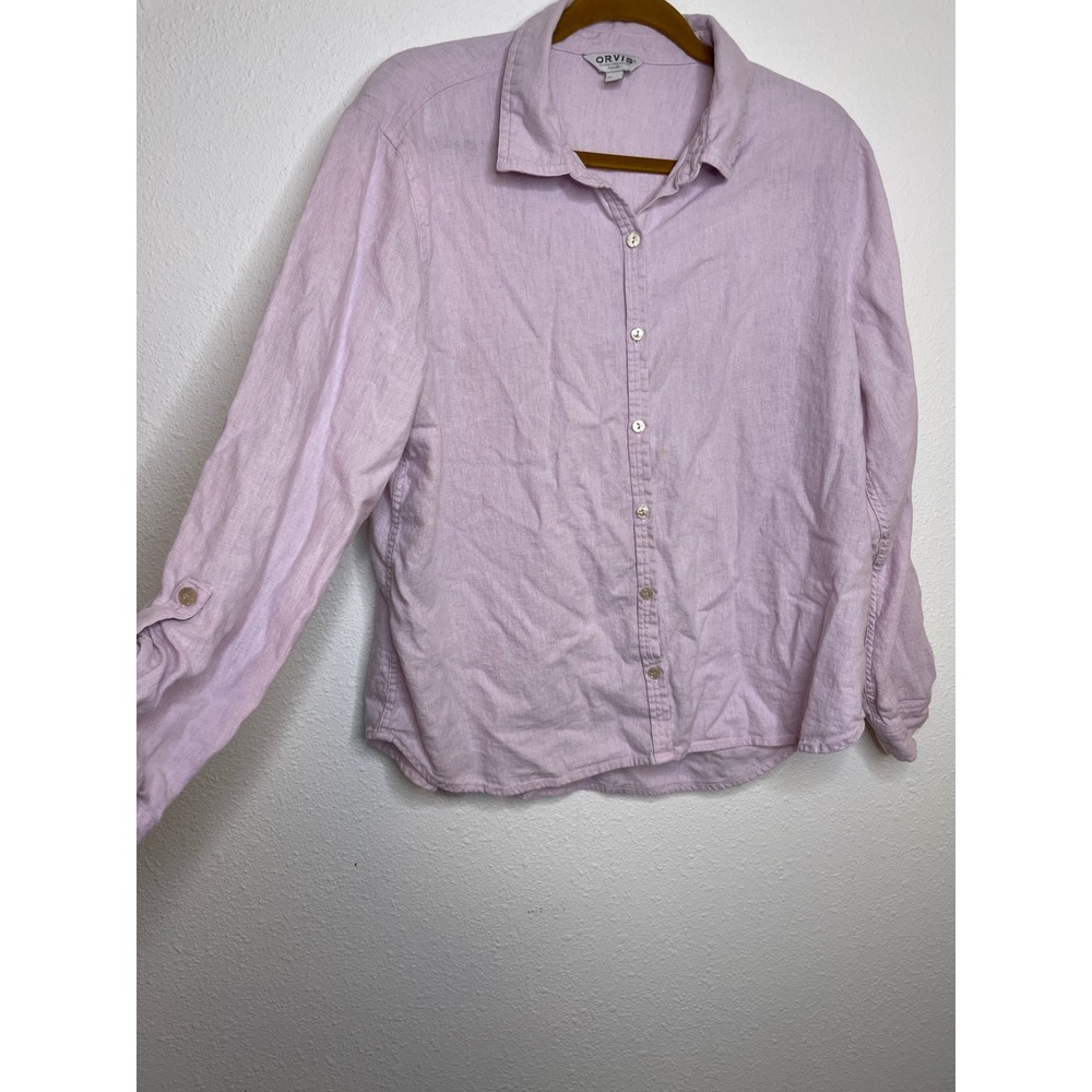 Orvis Womens Button Down Shirt Linen Blend Roll Tab Sleeve XL Purple
